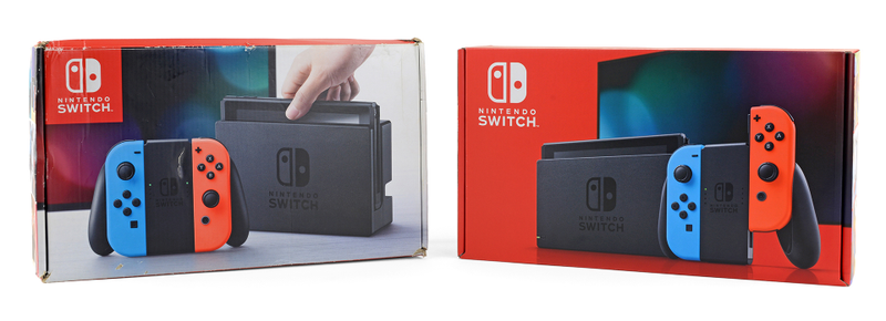 The original Switch packaging is on the left, the new one is in red on the right.
